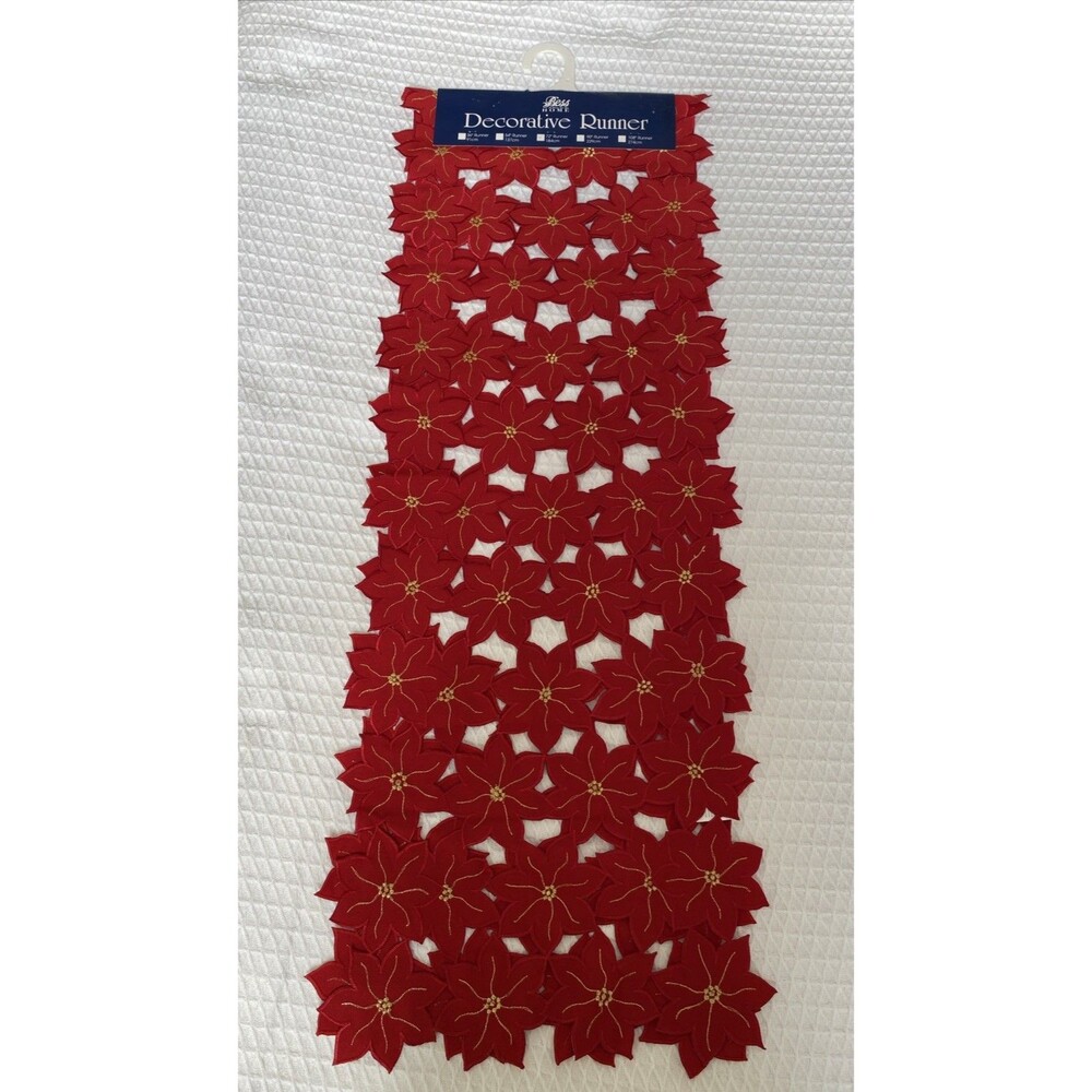 Vintage BESS Poinsettia Holiday Table Runner Red with Metallic Gold 72” X 13” - Picture 2 of 4